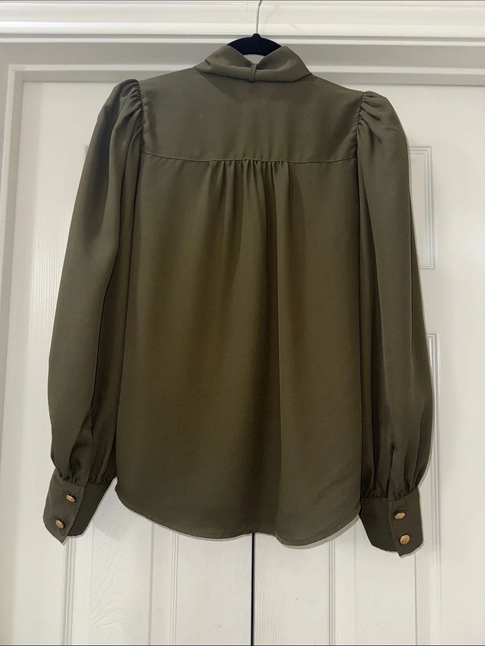 Express Olive Green Tie-Neck Blouse with Gold Buttons - Picture 2 of 5